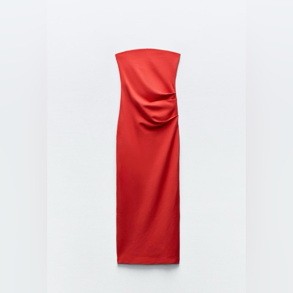 Zara NWT S red strapless midi dress. 95% cotton 5% elastane